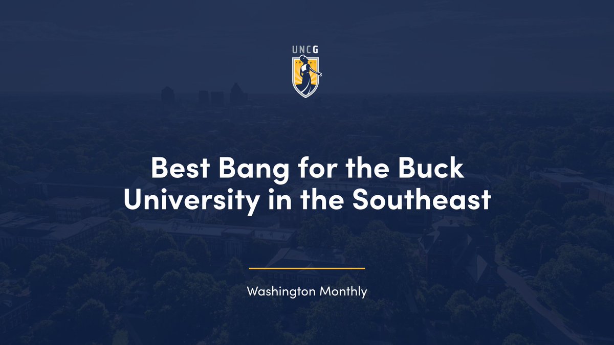 UNCG (@uncg) on Twitter photo UNC Greensboro is proud to announce it has been named a Best Bang for the Buck university by @Monthly.
UNCG ranks No. 1 in the <a href="/UNC_System/">UNC System</a> and No. 12 in the Southeast region, highlighting the University’s commitment to social mobility.
Learn more: uncg.edu/about-uncg/why… UNC Greensboro is proud to announce it has been named a Best Bang for the Buck university by @Monthly.
UNCG ranks No. 1 in the <a href="/UNC_System/">UNC System</a> and No. 12 in the Southeast region, highlighting the University’s commitment to social mobility.
Learn more: uncg.edu/about-uncg/why…