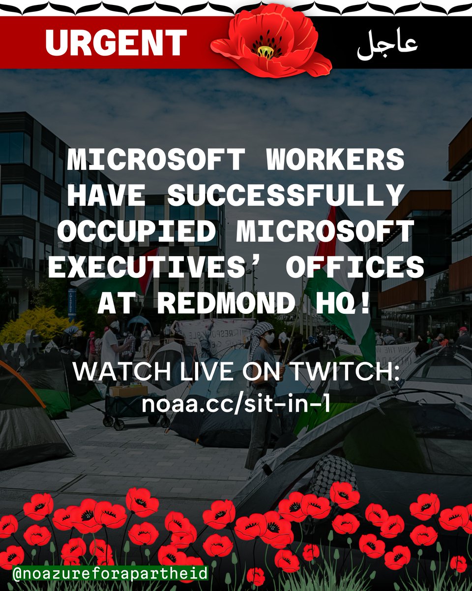 BREAKING! Tech workers have occupied the office of Brad Smith, Microsoft Vice Chairman and President, to protest Microsoft's role in the genocide in Gaza.
LIVE AT noaa.cc/sit-in-2