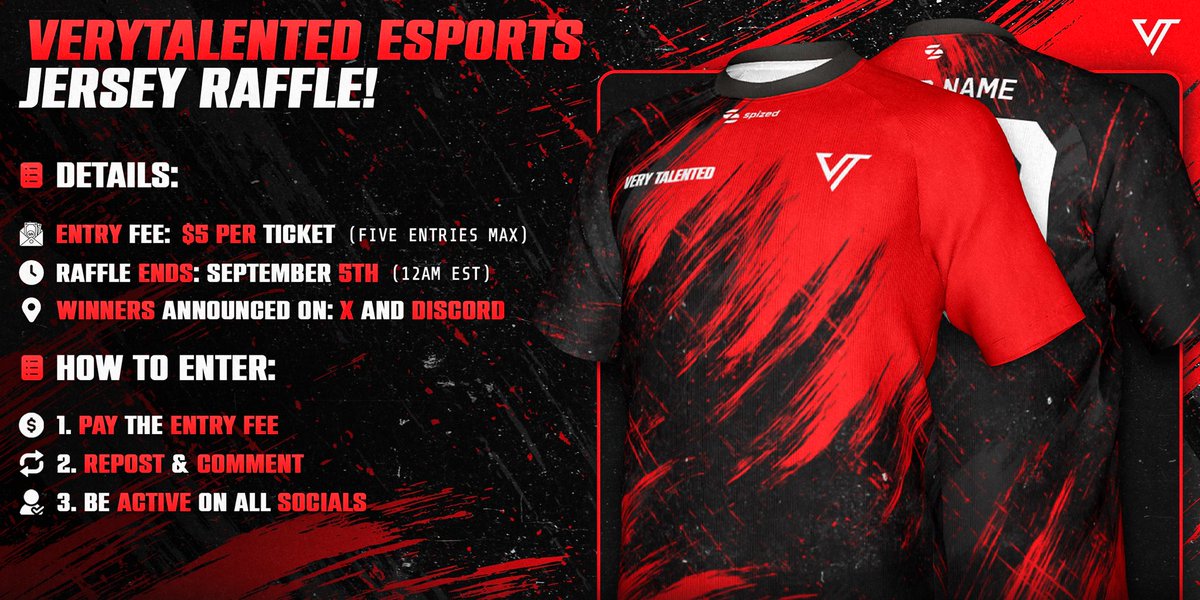 Want to represent the team in style? 

Here’s your chance to win our Official Esports Jersey!

🎟️ Fee: $5 per ticket (5 Entries Max)
⏳ Raffle Ends: Sept. 5th (12 AM EST)
📍 Winners Announced On: X &amp; Discord

1. Pay the entry fee 
2. Repost &amp; Comment
3. Be Active on all Socials!
