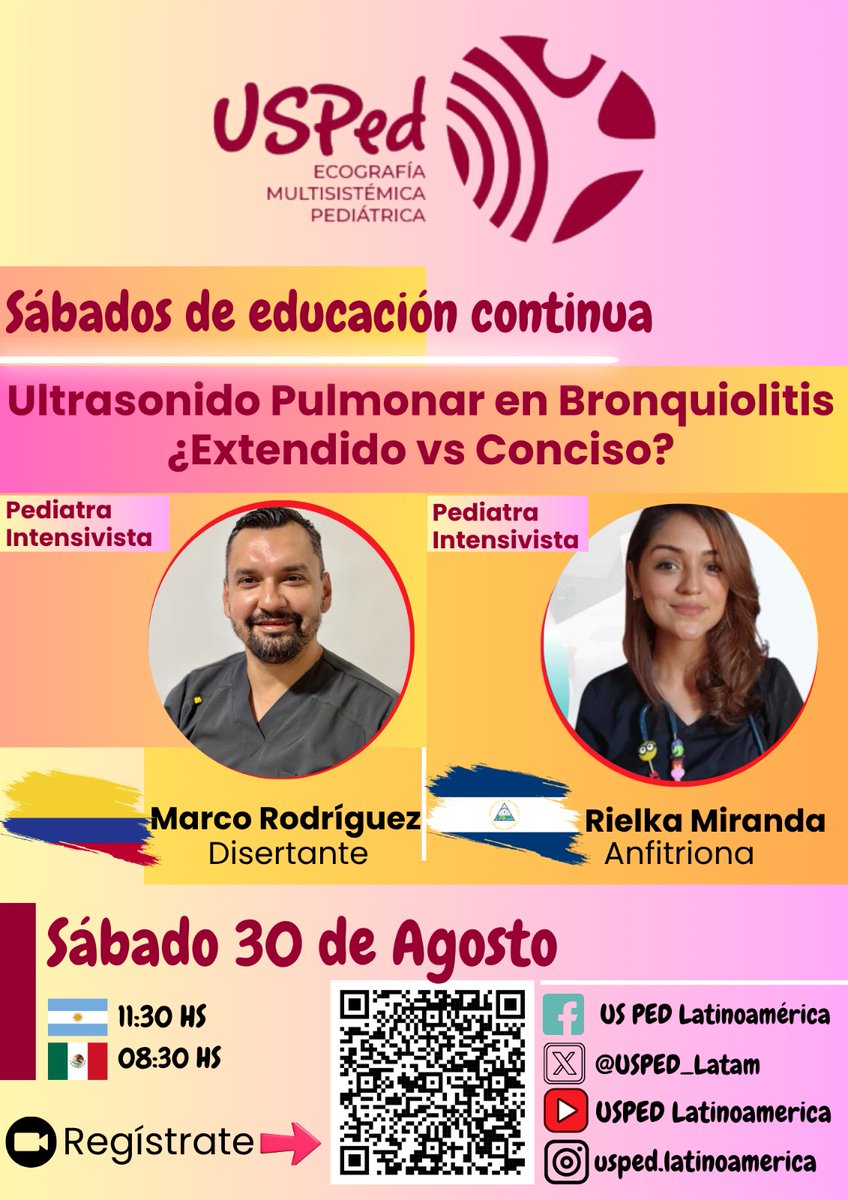 Sábados de POCUS presenta:

"Ultrasonido Pulmonar en Bronquiolitis ¿Extendido vs Conciso?"
Si vas a utilizarlo, conoce 2️⃣ maneras en las que puedes hacerlo.

Ponente: Dr. Marco Rodriguez PedsICU🇨🇴
Anfitrión: <a href="/RielkaMaMiranda/">Marietta 🏵️🌼</a> Meded🇳🇮

USPed, la Comunidad de POCUS Pediátrico.