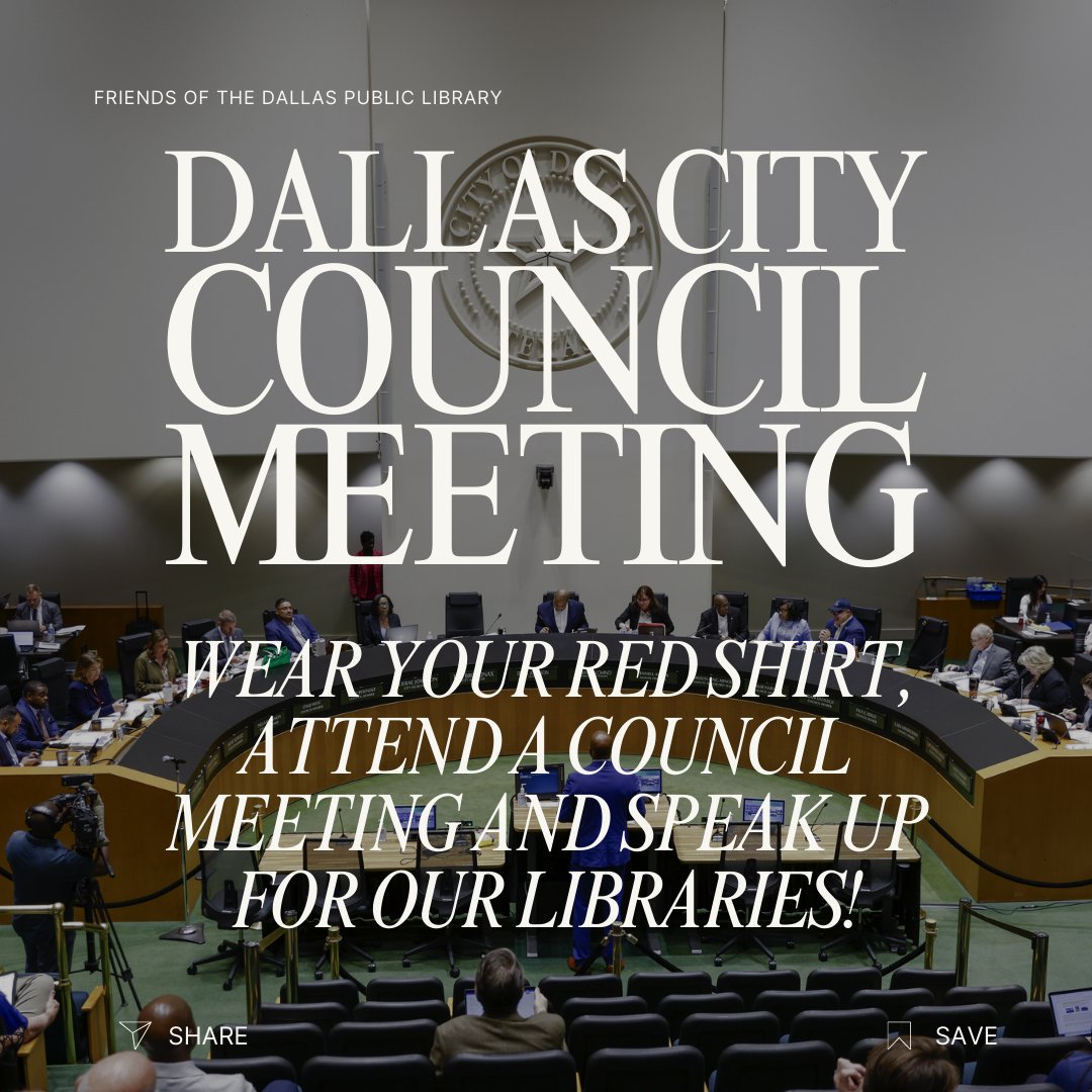 FODPL's tweet image. 📣 Tomorrow, the Dallas City Council meets at 9 AM to discuss the budget—libraries are on the line. Show your support in person or virtually!
Let’s pack the Council Chambers with library love. ❤️📚 #SupportDallasLibraries #DallasLibraries”