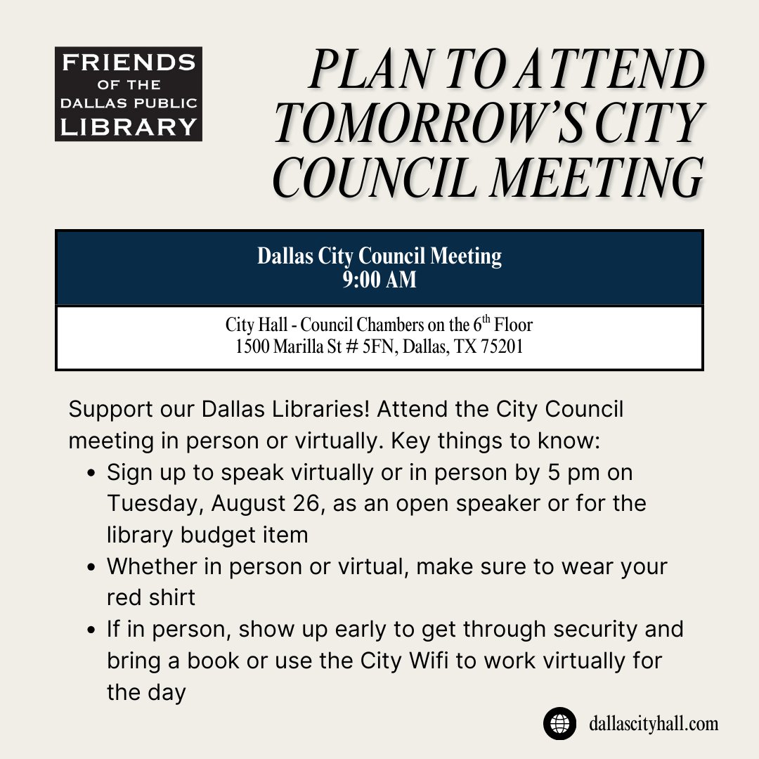 FODPL's tweet image. 📣 Tomorrow, the Dallas City Council meets at 9 AM to discuss the budget—libraries are on the line. Show your support in person or virtually!
Let’s pack the Council Chambers with library love. ❤️📚 #SupportDallasLibraries #DallasLibraries”