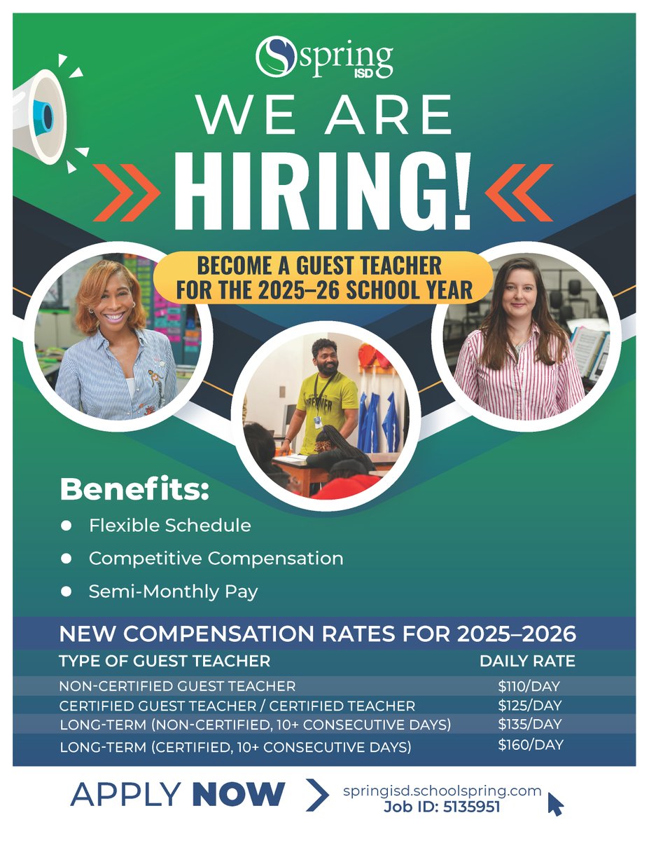 SpringISD's tweet image. Spring ISD is now hiring Guest Teachers! Join our team and make a difference in the lives of students every day.
@SpringISDHR1 @SISD_CoA