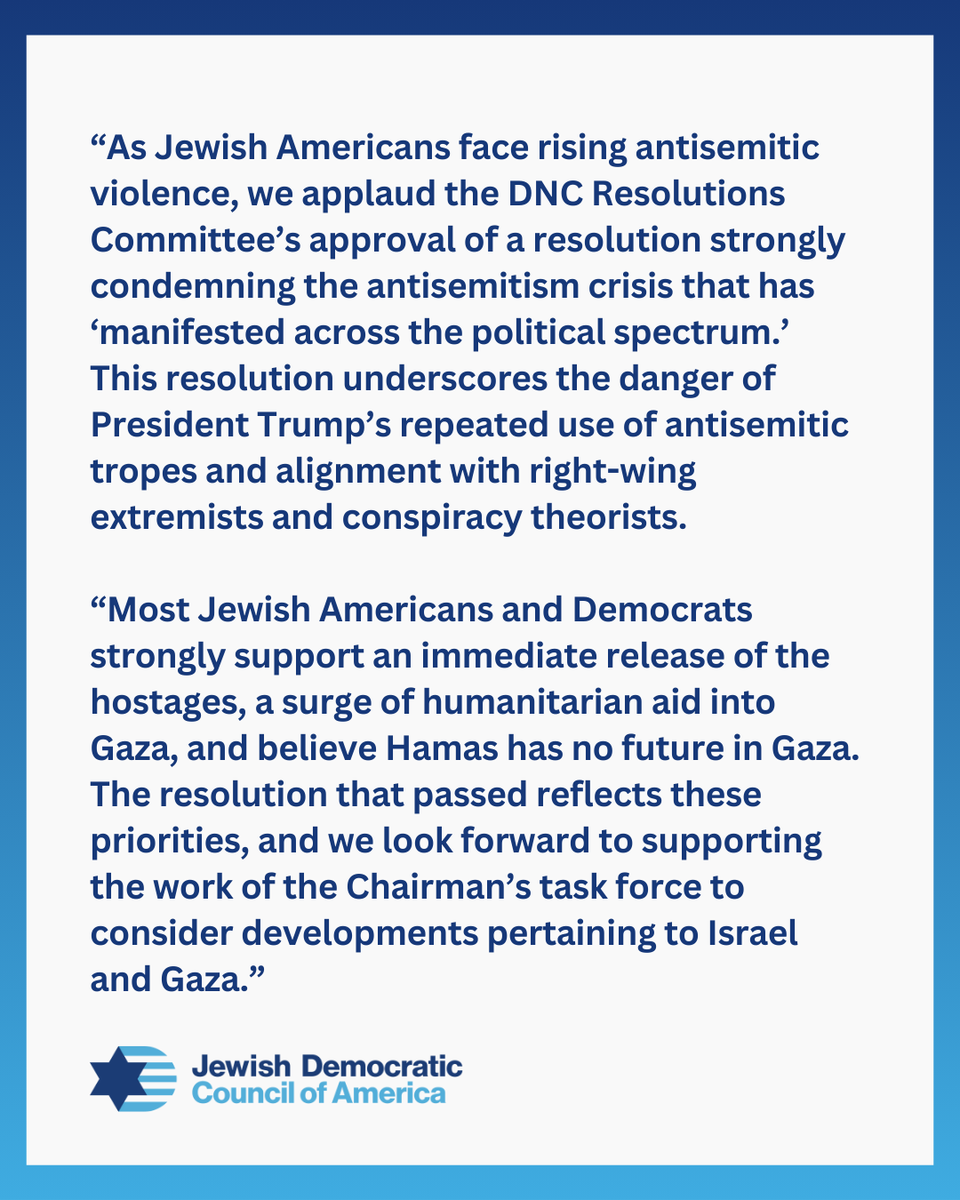 Most Jewish Americans and Democrats strongly support an immediate release of the hostages, a surge of humanitarian aid into Gaza, and believe Hamas has no future in Gaza.

The DNC resolution that passed today reflects these priorities. Read our full statement.