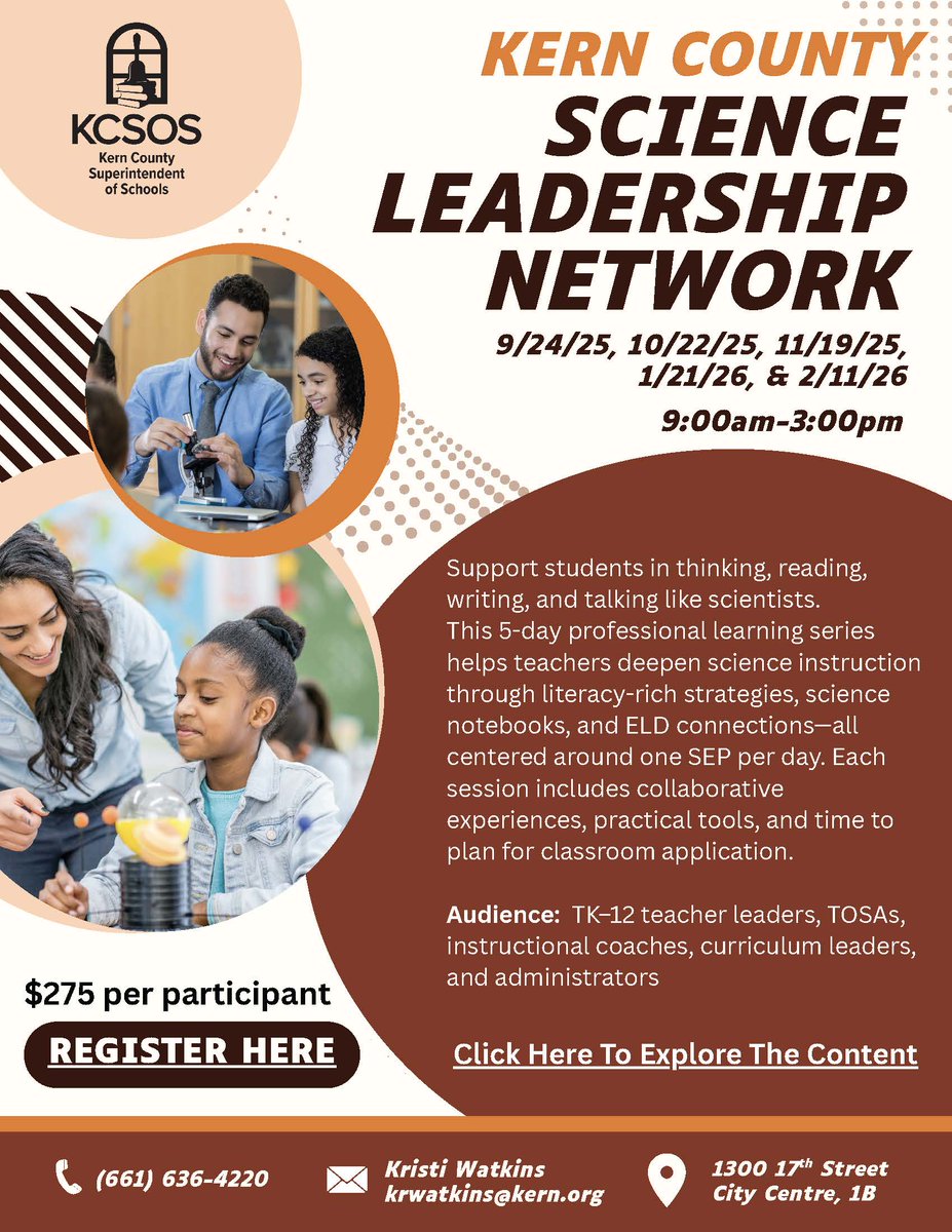 miroyscience's tweet image. Join the 2025–2026 Kern County Science Leadership Network featuring Dr. Maria Simani—Executive Director of the CA Science Project & writer of the CA Science Framework! 5 days of literacy-rich, NGSS-aligned science learning.
kern.k12oms.org/2564-265575 @KCSOS @csampsonmath