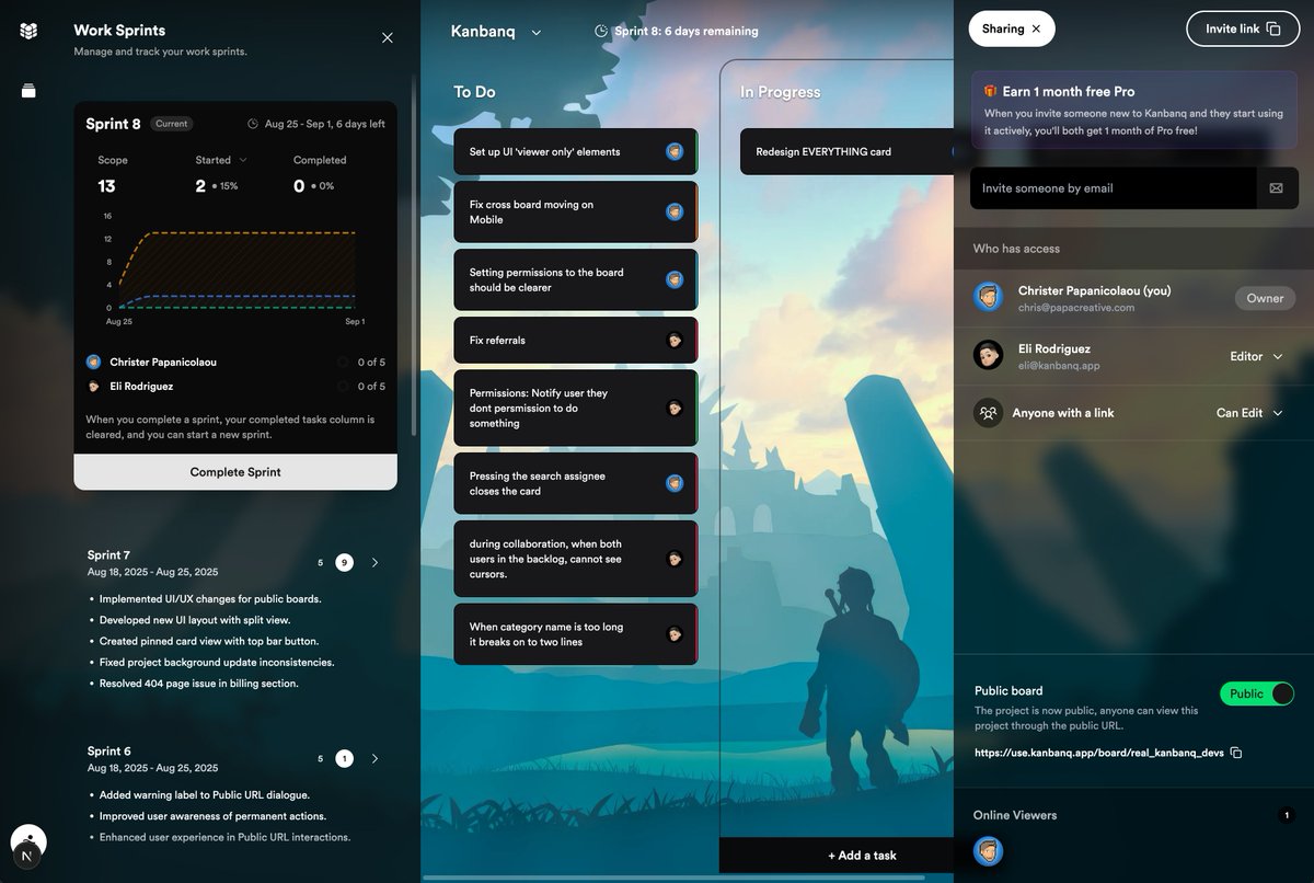 chrispapa's tweet image. Kanbanq v0.2 is here!

- Public boards with shareable links
- Fresh sprint analytics (better graphs, one panel)
- Background customisation (colours, gradients, images yes, puppies 🐶)

Try it now 👉 kanbanq.app

Which would you pick for your board background: solid…