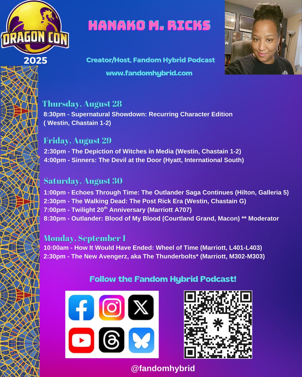 IYKYK...Dragon Con is in TWO DAYS!!! For those of you who are going, and who may be interested, here is my panelist schedule for the weekend. Come and see me fangirl in person over lots of nerdy things! #dragoncon