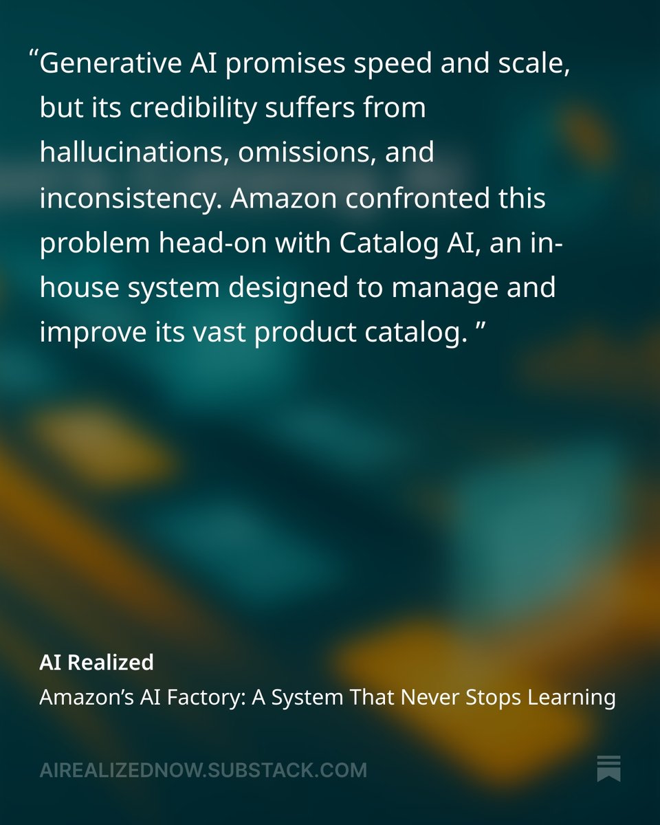 cellwood's tweet photo. Amazon’s AI Factory: A System That Never Stops Learning. They are updating millions product in their catalog using a bespoke agent system that is fully automated. 

https://t.co/vlO6H9iaZh https://t.co/F0AcOkxA9L