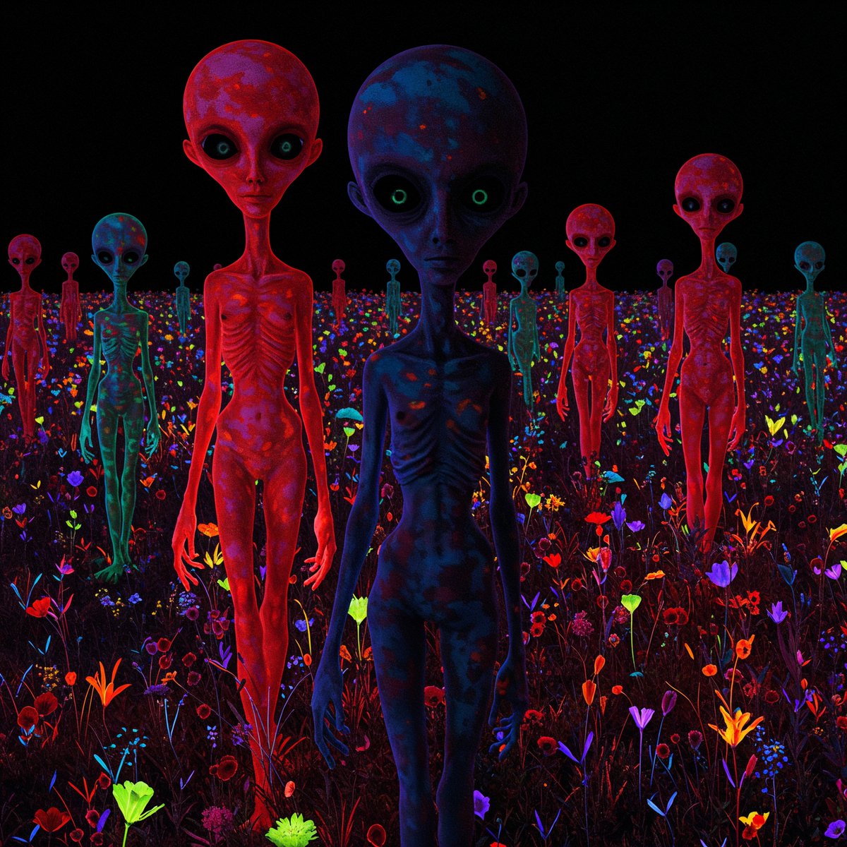 PromptSin's tweet image. Discover otherworldly beings among the vibrant bloom—are they real or just imagination? 🌌👽 #AlienLife #UFOs