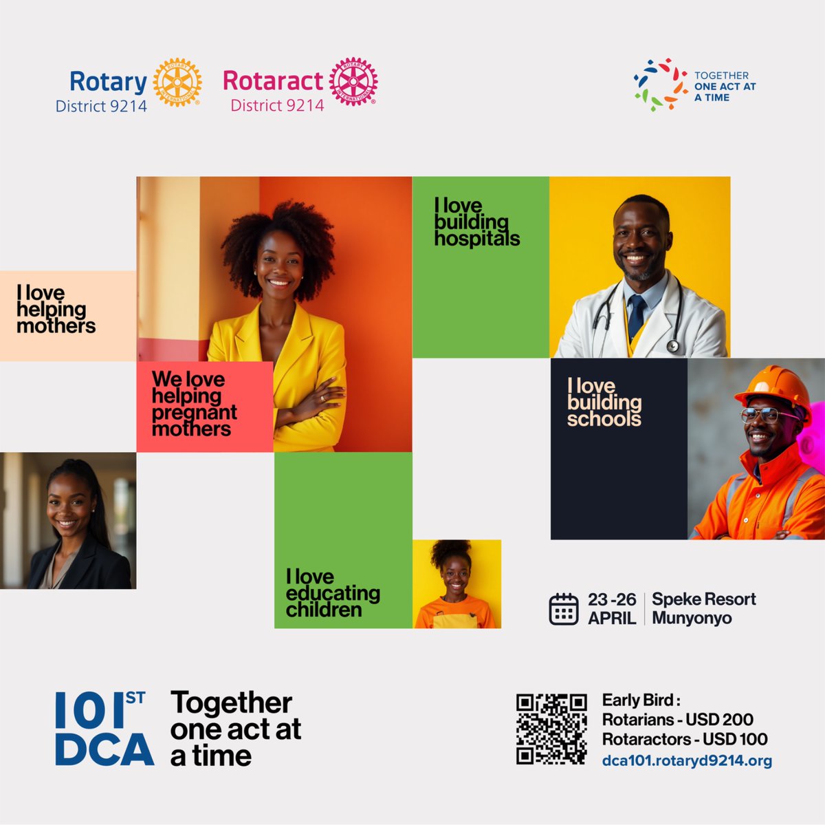 101st DCA — Where Purpose Meets Passion!
Celebrate service, community, and change with Rotary and Rotaract District 9214.* 

Let your smile spark the next big impact.

📍 Speke Resort Munyonyo 
| 📅 23–26 April
⛓️‍💥dca101.rotaryd9214.org
💥 Together, one act at a time."