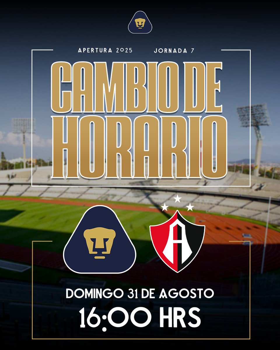 📢ATENCIÓN AFICIÓN AURIAZUL ⚽

El partido PUMAS 🆚 ATLAS cambia de horario.

🕒 Nuevo horario: 4:00 pm

¡Nos vemos en CU! 👊🏽

#UnidosPorLaHistoria
