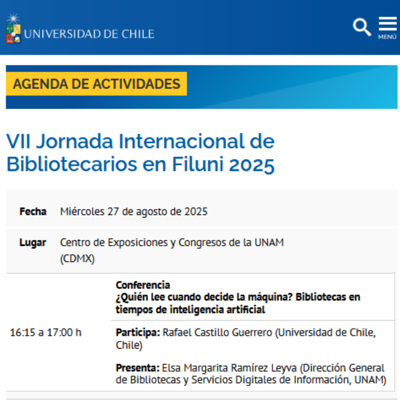 sisibuchile's tweet photo. 🎉 Nuestro director Rafael Castillo participa MAÑANA 27/08 en #FILUNI2025 con la conferencia ¿Quién lee cuando decide la máquina? Bibliotecas en tiempos de IA" 🤖
16:15h (México) | 18:15h (Chile) ¡Orgullo de ser parte de la delegación @uchile! 🇨🇱
https://t.co/TNf6NOFMqg
#SISIB https://t.co/XzEEIxa9II