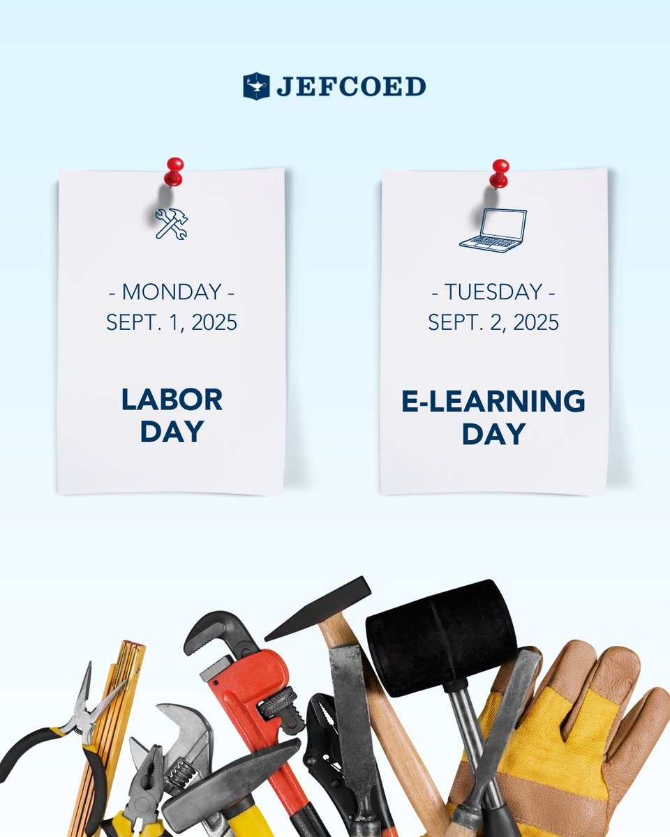 JEFCOED's tweet image. All JEFCOED schools and offices will be closed Monday in observance of Labor Day. Additionally, Tuesday is an E-Learning Day. We hope you enjoy your extended weekend, JEFCOED family!
#LaborDay #JEFCOED #ExtendedWeekend