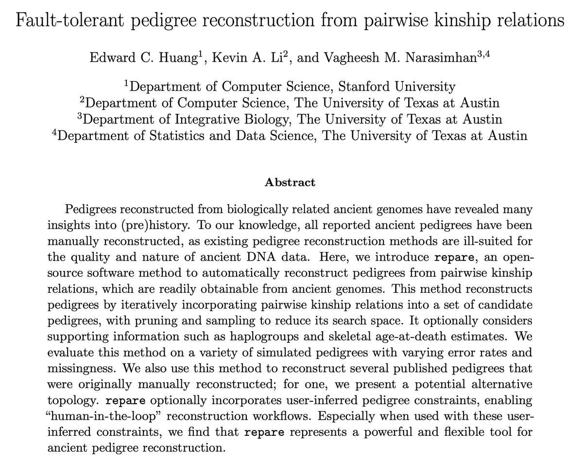 edwardhuangc's tweet image. What did family trees look like in prehistory? Ancient DNA now lets us sample hundreds of people from a site, but pedigrees have been difficult to reconstruct. Our new tool “repare” finally enables automatic ancient pedigree reconstruction… more in the replies! ⬇️