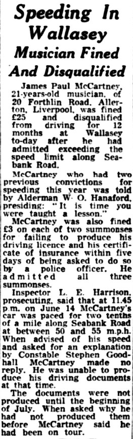 Paul McCartney, 26th August 1963.... fined £25 and disqualified from driving for 12 months #Wallasey