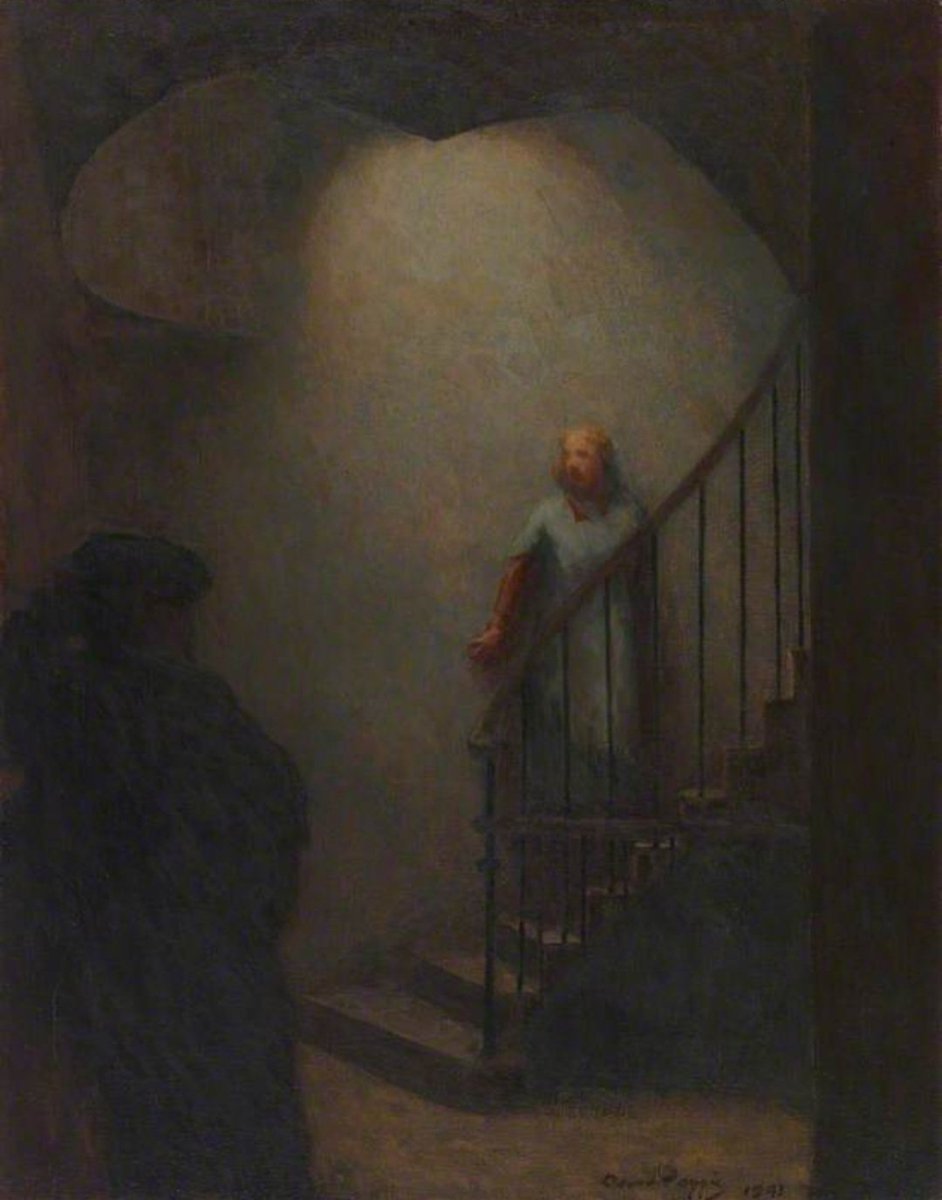 'Stairway in the Blackout,' was painted in 1941 and though it might not be among David Foggie's best paintings, for atmosphere and surprise value, it is one of his most striking works during a period when he was travelling to London and Glasgow during the early years of WW2.