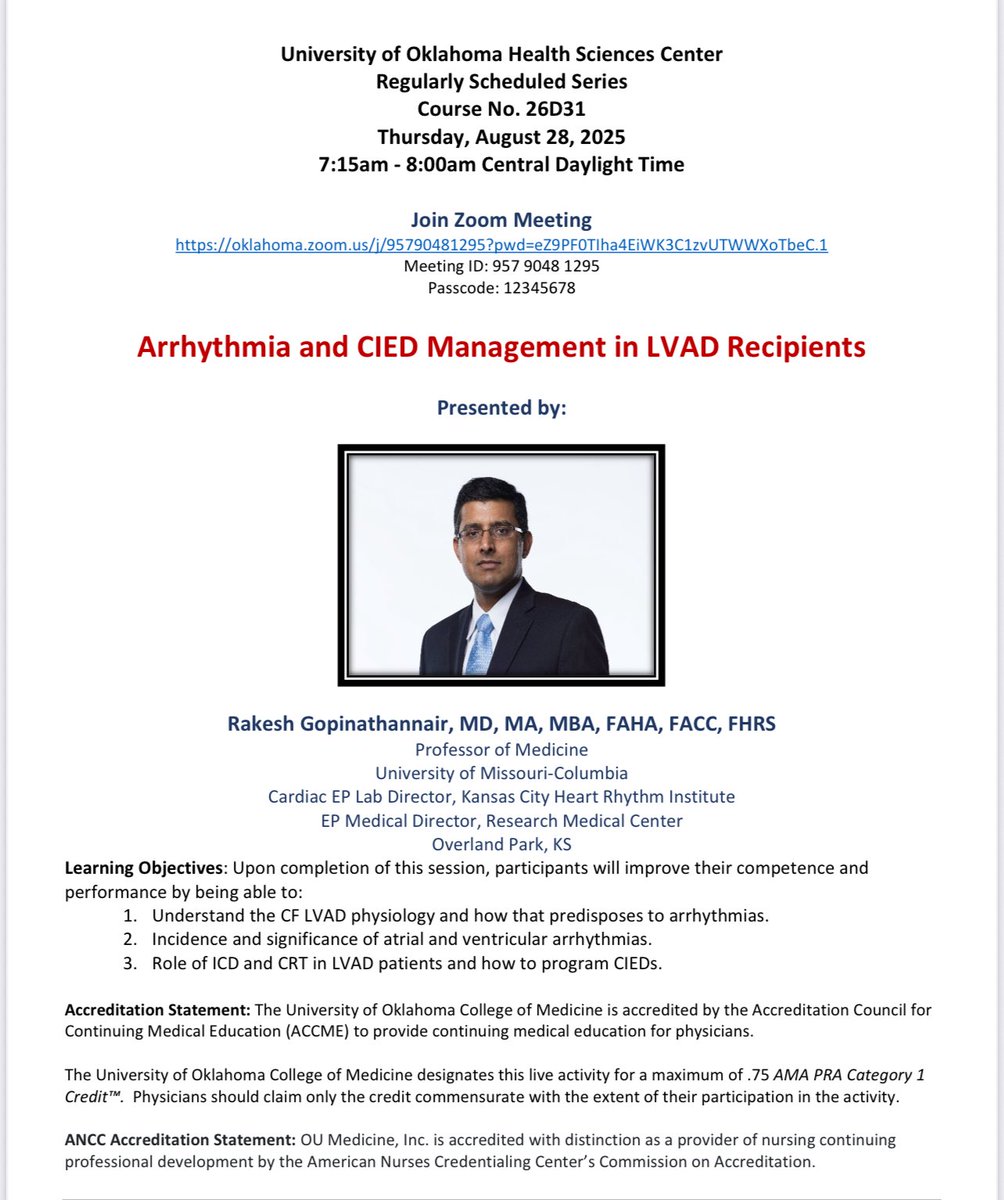 Chittur Sivaram (@casivaram1) on Twitter photo #OUCVGR
 🔥Delighted to welcome Dr. Rakesh Gopinathannair from Kansas City Heart Rhythm Institute as next OU Virtual CV GR on 8/28/25
🔥Topic: Arrhythmia & CIED Management in LVAD
🔥 Join us ⬇️
oklahoma.zoom.us/j/95790481295?…
<a href="/OUCollegeofMed/">OU College of Medicine</a> 
<a href="/drrakeshg1/">Rakesh Gopinath</a> 
<a href="/DrJMarine/">Joseph Marine</a> 
<a href="/DJ_Lakkireddy/">DJ Lakkireddy</a> #OUCVGR
 🔥Delighted to welcome Dr. Rakesh Gopinathannair from Kansas City Heart Rhythm Institute as next OU Virtual CV GR on 8/28/25
🔥Topic: Arrhythmia & CIED Management in LVAD
🔥 Join us ⬇️
oklahoma.zoom.us/j/95790481295?…
<a href="/OUCollegeofMed/">OU College of Medicine</a> 
<a href="/drrakeshg1/">Rakesh Gopinath</a> 
<a href="/DrJMarine/">Joseph Marine</a> 
<a href="/DJ_Lakkireddy/">DJ Lakkireddy</a>