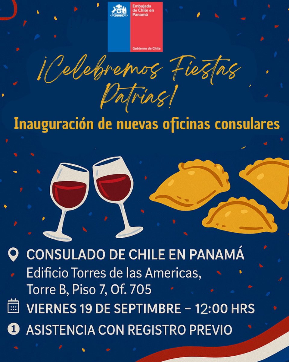 ✨ La Embajada de Chile en Panamá invita a celebrar las Fiestas Patrias e inaugurar sus nuevas oficinas.  Torres de las Américas, Torre B, Piso 7, Of. 705 
Registro previo 👉forms.gle/sRteKa27khz1vm…