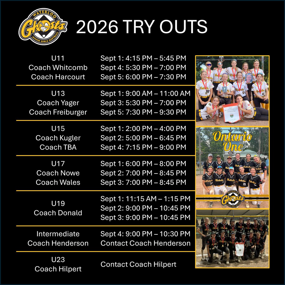 GHOSTS Rep division:  2026 TRYOUTS
​​​
​GET IN THE GAME!!!
REP TRYOUTS START LABOUR DAY @ THE GHOSTS' HOME PARK HILLSIDE DIAMONDS;  WHY NOT JOIN THE FUN???
Please note that ALL attendees must pre-register for tryouts: docs.google.com/.../1q0.../edit
office@wmgsa.ca for more information