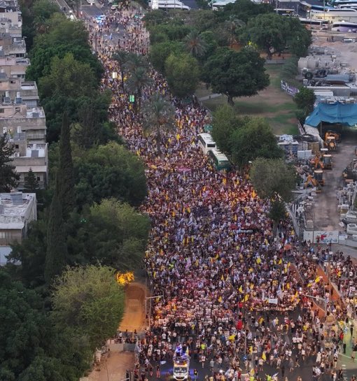 ore than 100,000 people are in the streets of Tel Aviv tonight, demanding an end to the war and the downfall of this feckless government.