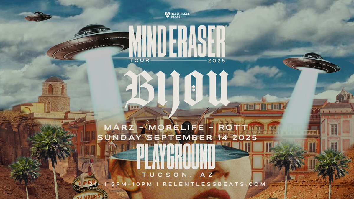 #SupportAnnounce: <a href="/BIJOU/">BIJOU</a> brings the Mind Eraser Tour to Playground Tucson on September 14 🖤🔊 With Marz, Morelife, and Rott on support, the desert is in for a night of nonstop G-house heat.

Tickets → tixr.com/e/150045 🎟️

#Bijou #PlaygroundTucson #RelentlessBeats