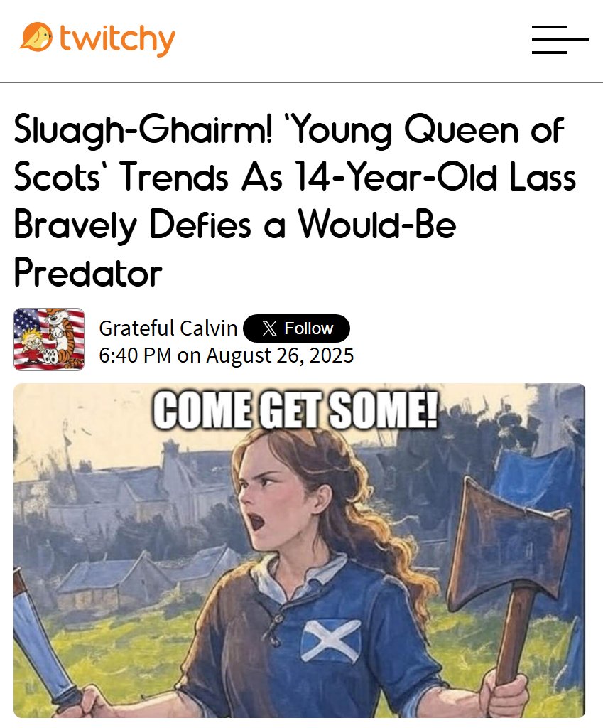 TwitchyTeam's tweet photo. Forget William Wallace. Scotland has a new heroine!

https://t.co/czHWrkVPlB https://t.co/Dvqsq7KGbI