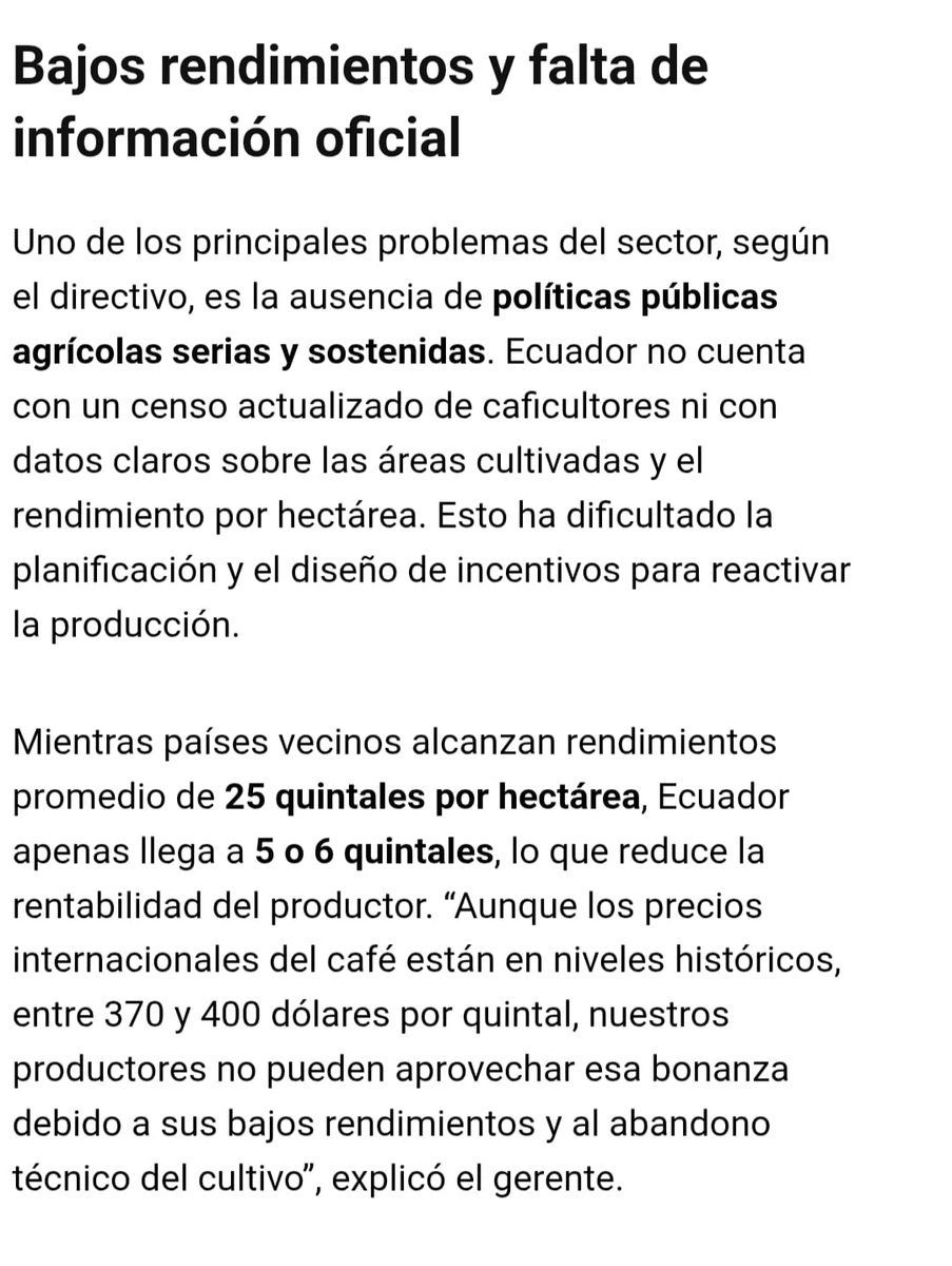 “Ecuador es hoy un país deficitario e importador de café. La industria nacional y las cafeterías deben importar para abastecerse, y eso refleja el abandono que ha sufrido este cultivo tradicional” artículo del @elproductorec en el siguiente link:
elproductor.com/.../con-tierra…