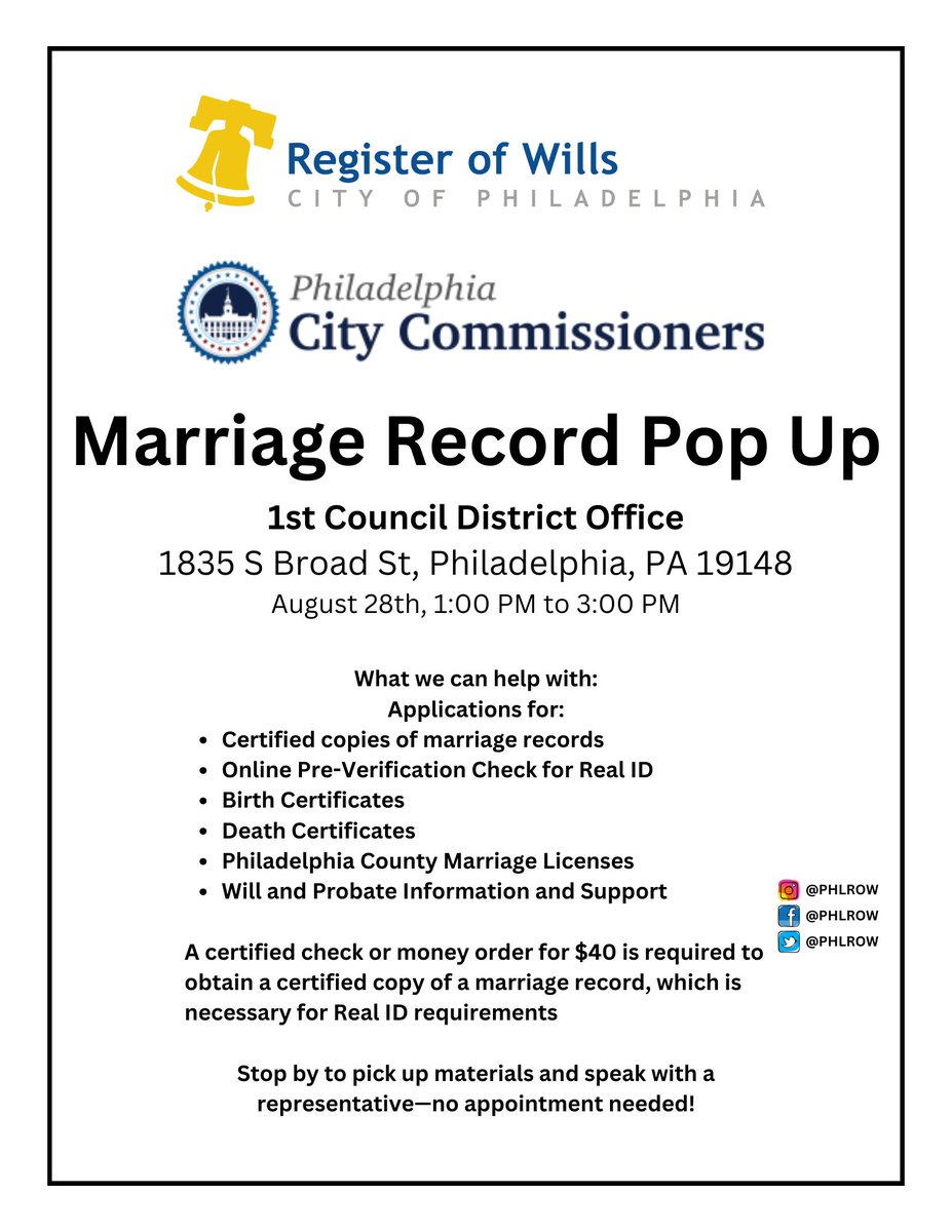 Philadelphia City Commissioners (@phillyvotes) on Twitter photo Join the Register of Wills for a Marriage Record Pop Up at our 1st District Satellite Office, 1835 S Broad St, tomorrow from 1:00–3:00 P.M. Get certified marriage records, birth/death certificates, Real ID pre-verification, and more. No appointment needed. #PhillyVotes <a href="/phlrow/">John P. Sabatina - Philadelphia Register of Wills</a> Join the Register of Wills for a Marriage Record Pop Up at our 1st District Satellite Office, 1835 S Broad St, tomorrow from 1:00–3:00 P.M. Get certified marriage records, birth/death certificates, Real ID pre-verification, and more. No appointment needed. #PhillyVotes <a href="/phlrow/">John P. Sabatina - Philadelphia Register of Wills</a>