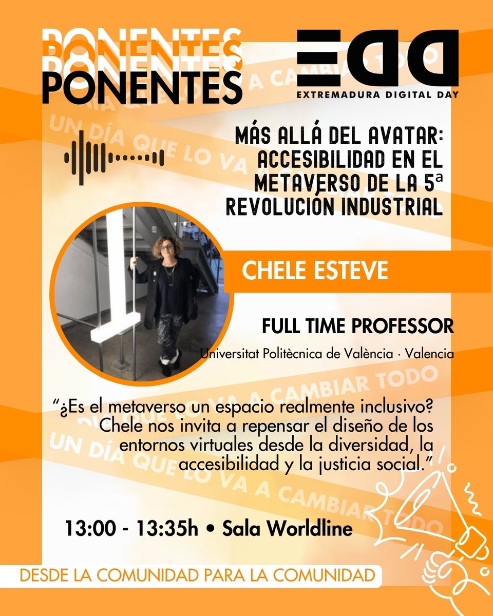 Extremadura Digital Day (@extredigitalday) on Twitter photo 🌐 ¿Puede el metaverso ser inclusivo?
Chele nos muestra cómo diseñar espacios digitales más accesibles y justos.
🗓️ 27 sept · 13:00h
📍 Sala Worldline – #EDD25 #Cáceres
🔗 extremaduradigitalday.com/ponente/chele-… 🌐 ¿Puede el metaverso ser inclusivo?
Chele nos muestra cómo diseñar espacios digitales más accesibles y justos.
🗓️ 27 sept · 13:00h
📍 Sala Worldline – #EDD25 #Cáceres
🔗 extremaduradigitalday.com/ponente/chele-…