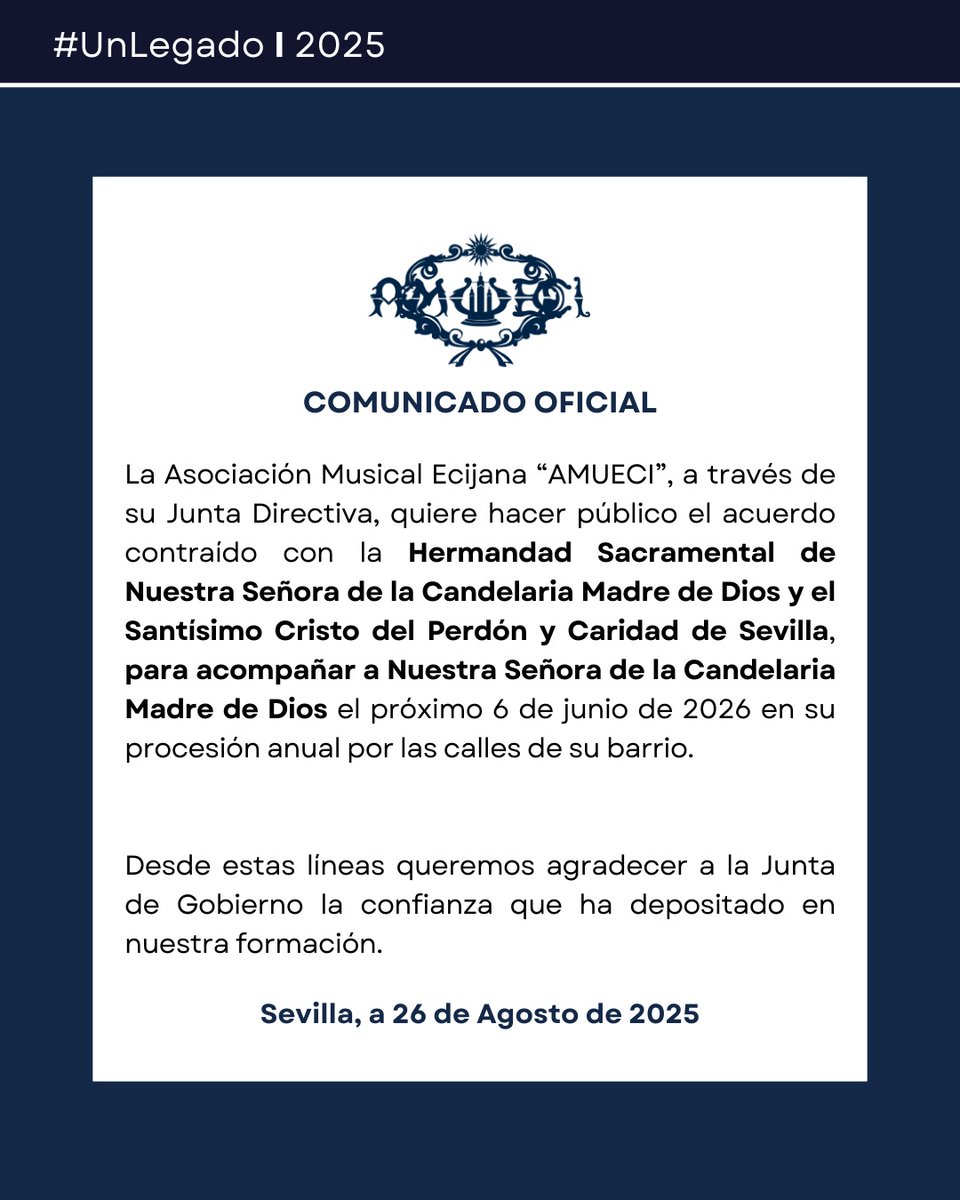 Estandarte de Sevilla (@estandartedesev) on Twitter photo 🟢 #EstandarteDS | La <a href="/Candelar_MdDios/">Hdad. Sacramental de la Candelaria Madre de Dios</a> anuncia el acuerdo alcanzado con la <a href="/BandaAMUECI/">Banda de Música AMUECI</a>, para el acompañamiento musical de su Titular, el próximo sabado 6 de junio de 2026
📸 Banda.
#GloriasSevilla26 🟢 #EstandarteDS | La <a href="/Candelar_MdDios/">Hdad. Sacramental de la Candelaria Madre de Dios</a> anuncia el acuerdo alcanzado con la <a href="/BandaAMUECI/">Banda de Música AMUECI</a>, para el acompañamiento musical de su Titular, el próximo sabado 6 de junio de 2026
📸 Banda.
#GloriasSevilla26