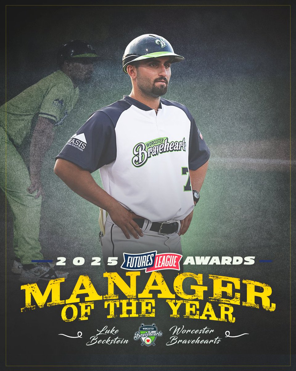 🏆 𝟐𝟎𝟐𝟓 𝐀𝐖𝐀𝐑𝐃𝐒 🏆 

𝙈𝙖𝙣𝙖𝙜𝙚𝙧 𝙊𝙛 𝙏𝙝𝙚 𝙔𝙚𝙖𝙧
Luke Beckstein, #WooBall💚

Under the first-year skipper, Worcester set a #FuturesLeague record with 45 wins while leading the league in average, runs, homers, stolen bases and ERA.

🗞️: thefuturesleague.com/2025-futures-l…