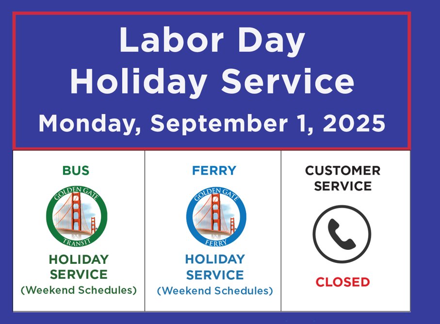 Rider Alert 9/1 Labor Day GGBus operating holiday service. Choose weekend/holiday schedules. 🚌goldengate.org/bus/schedules-…

#RiderAlert #LaborDay