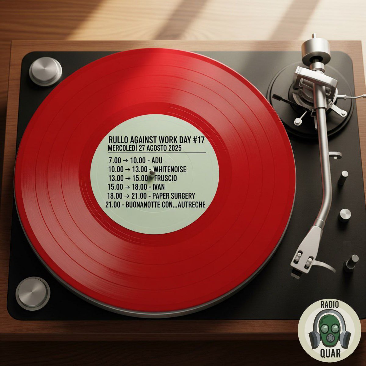 Programma Mercoledì 27 agosto
Domani mattina alle 7.00 i rulli iniziano con la selezione di @adu, poi a ciclo continuo <a href="/whitenoisedept_/">Captain For Dark Mornings 🦉 [★] (حبيبي)</a> <a href="/Fruscio1968/">Wakeuprealityishere</a> <a href="/Soma_bin_ciapa/">Ivan</a> <a href="/Errata_0/">Montgomery Spliff</a> e chiudiamo con una selezione dedicata agli Autechre.
Buon ascolto a tuttɜ