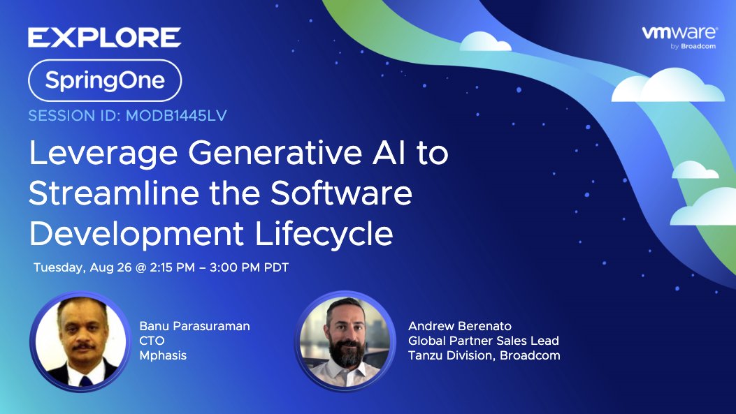 SpringOne's tweet image. Don't miss our session "Leverage Generative AI to Streamline the Software Development Lifecycle" at #VMwareExplore! Join Broadcom's Andrew Berenato & Mphasis' Banu Parasuraman to learn how to build a modern engineering platform for digital transformation. brcm.tech/4oTrgzZ