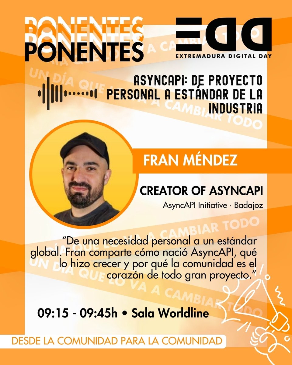 extredigitalday's tweet image. 🚀 AsyncAPI: de idea en Badajoz a estándar global de software libre.
Fran Méndez abre #EDD25 con una historia de comunidad, visión y open source.
🗓️ 27 sept · 09:15h · Sala Worldline
🔗 extremaduradigitalday.com/ponente/fran-m…
#AsyncAPI #OpenSource #EventDriven