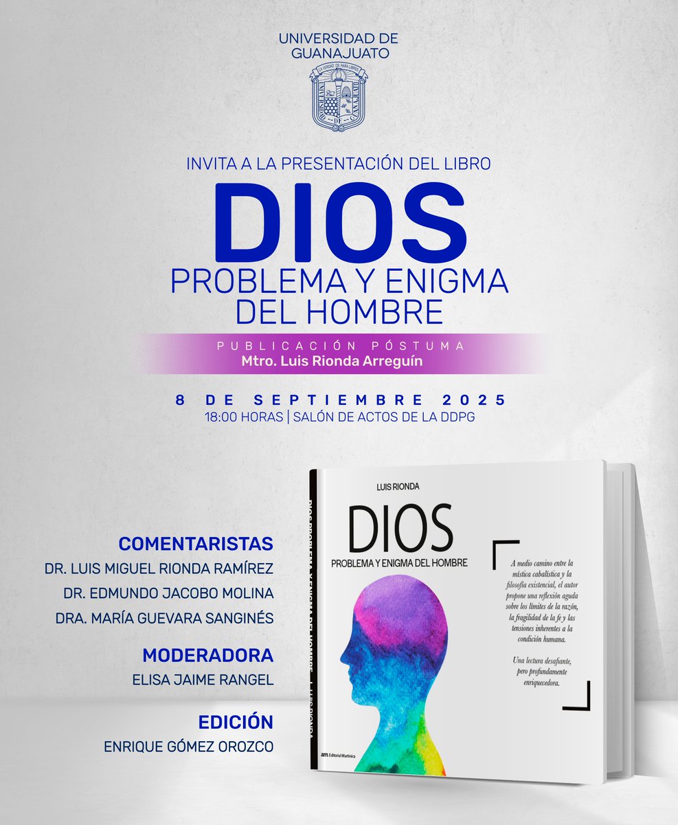 📘Presentamos DIOS: problema y enigma del hombre, publicación póstuma del Mtro. Luis Rionda Arreguín.

8 sep 2025 • 18:00 h • Salón de Actos DDPG.
Comentan: L. M. Rionda, E. Jacobo, M. Guevara.
Modera: E. Jaime | Edición: E. Gómez.

Te esperamos. #SomosAbejasUG