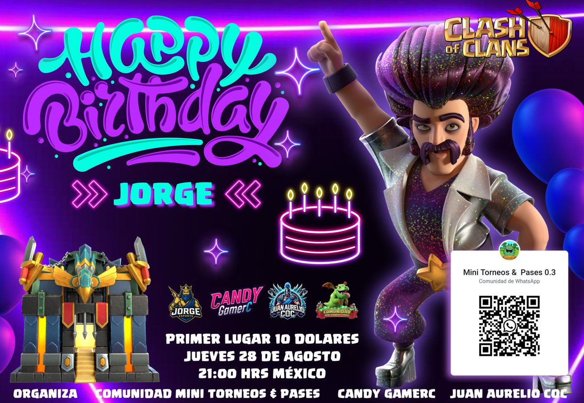 "¡Fiesta épica! 🎉👑 Te invito a celebrar el cumpleaños de <a href="/Jorge/">.</a>, líder del Clan Zeus! 🎂 No te pierdas este retorno épico que se está organizando en su honor! 🔥 Inscribete aquí: [link] #ClanZeus #Cumpleaños #Fiesta"