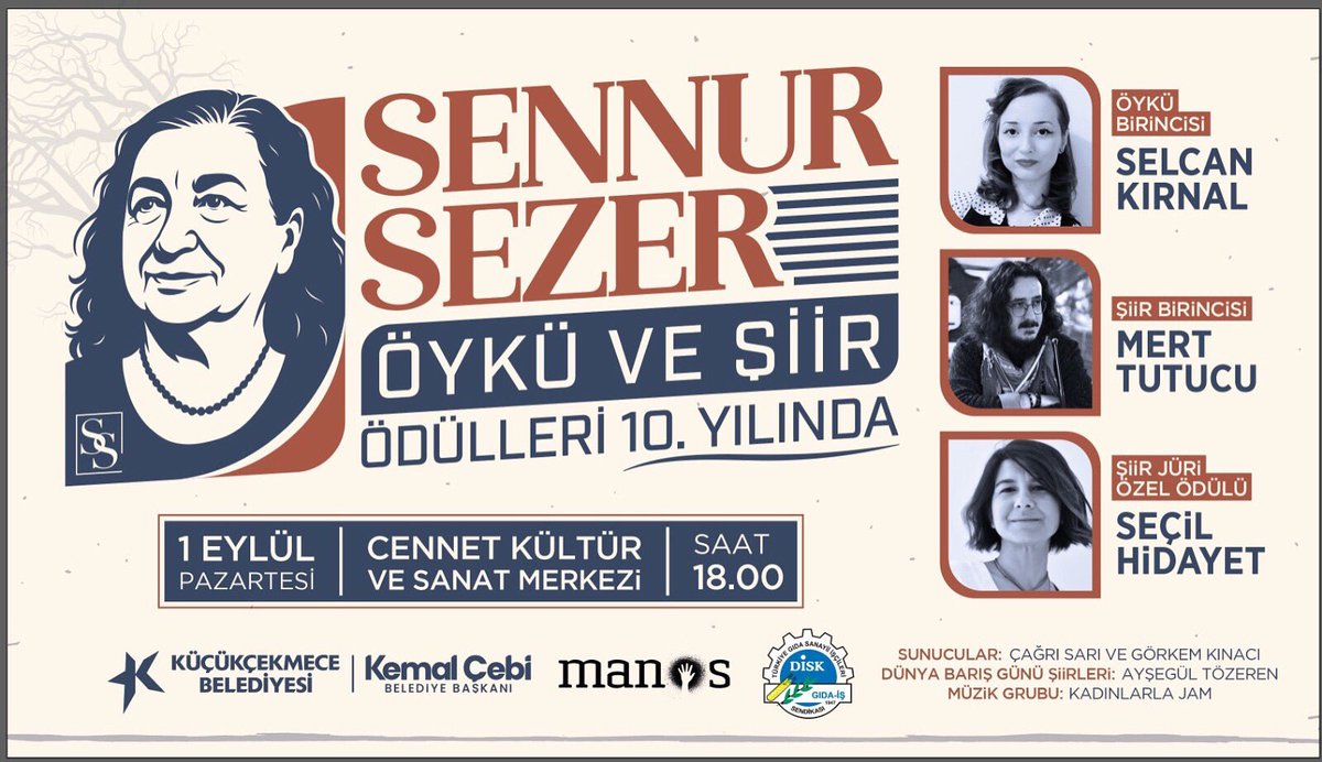 MertTutucu's tweet photo. 1 Eylül Dünya Barış Günü’nde düzenlenecek törende Sennur Sezer Emek-Direniş Ödülü’nü alacak olmak büyük bir onur.Aynı zamanda ödüle değer görülen ve Manos Kitap tarafından yayımlanan şiir kitabım “Santrale Bağlanmak İçin Gökyüzünü Kuşlayın”ı imzalayacağım.Vakti olanları beklerim. https://t.co/Af5Nz6igfS