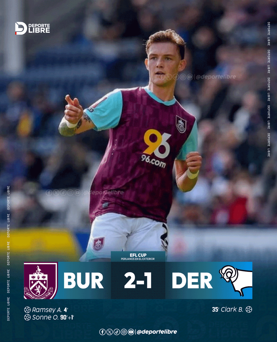 Con Oliver Sonne 🇵🇪 de titular, Burnley venció 2-1 a Derby y avanzó a la siguiente ronda de la Carabao Cup 🏆🏴.

Estadísticas de Oliver Sonne:
⏱ 90' Minutos jugados
⚽ 1 Anotación
👟 53 Toques de balón
🎯 94% de Precisión (33/35)
📈 7.3 Nota Sofascore

#OliverSonne #Burnley