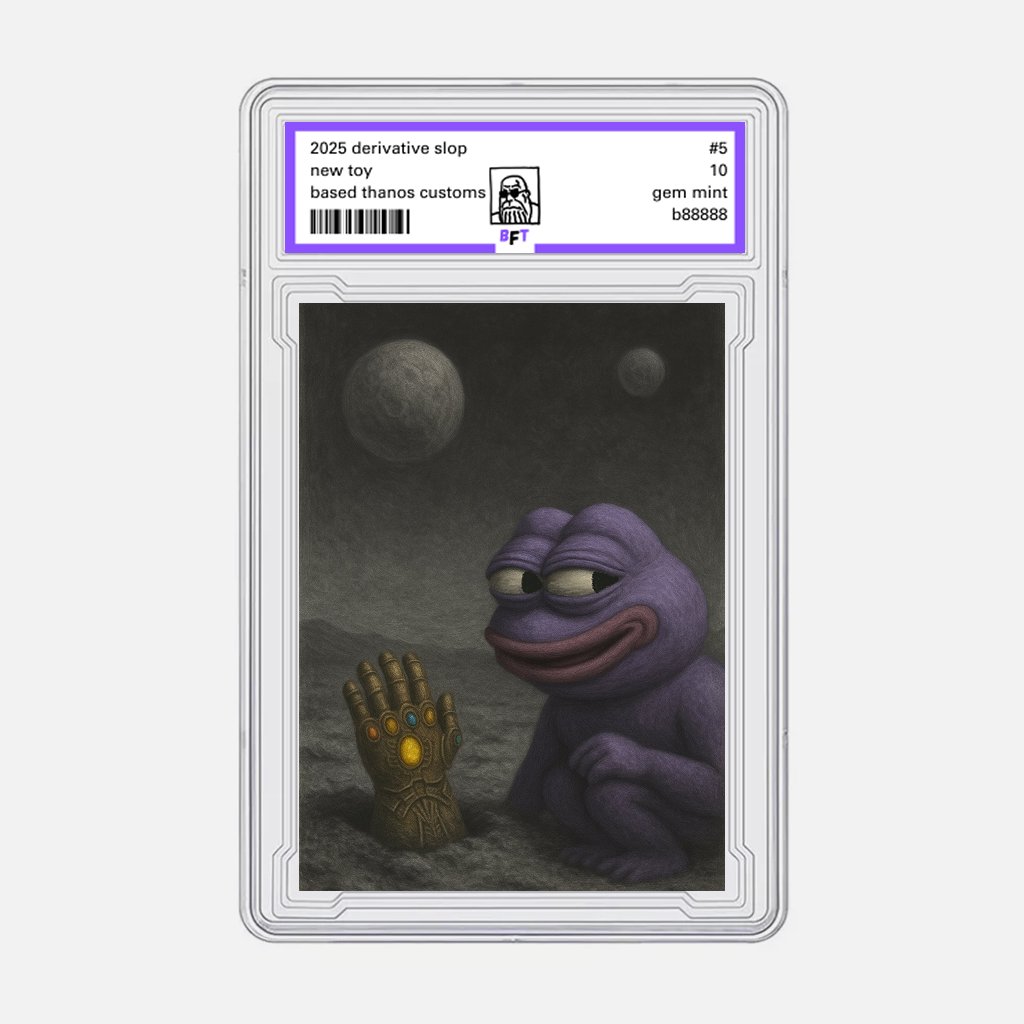 Derivative slop #5. Gem mint 10. Art stolen from B8888B and HMK, who prolly stolt from others.  2/3 in the mini series of young thanos. Mint open for 24 hours. thank you for minting. Link below.