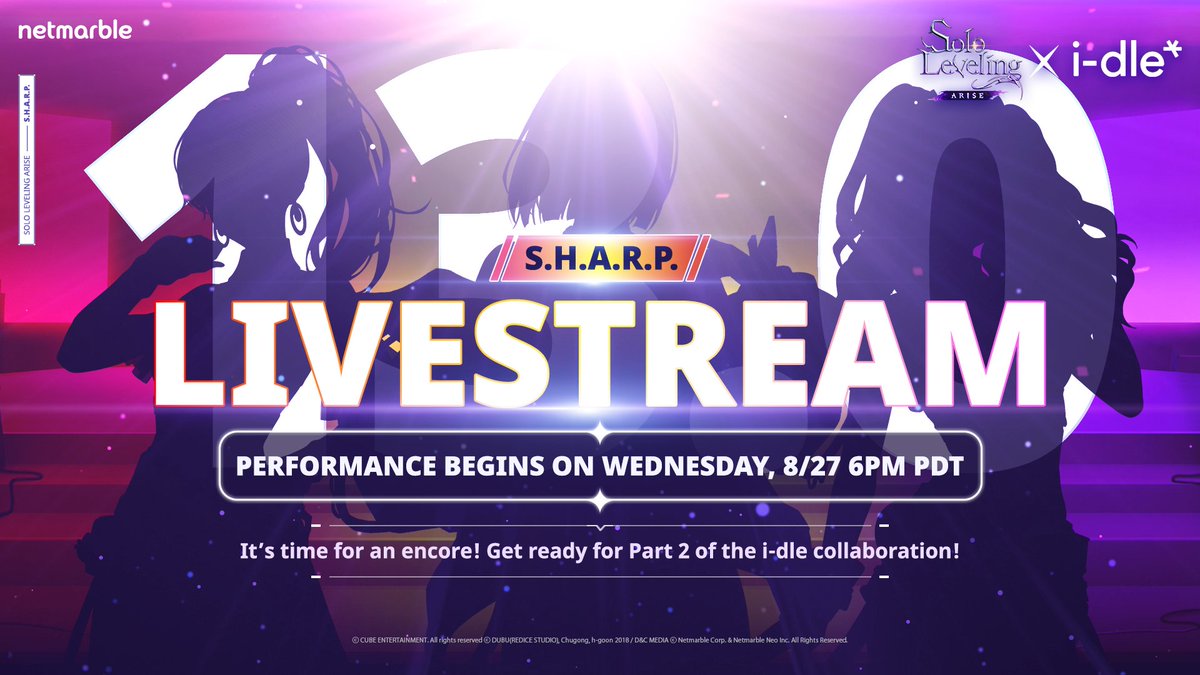 🔊 Attention, Hunters! We will be having our SHARP 13.0 Livestream Wednesday at 6:00 PM 8/27 PDT!⚠️ 

Are you ready for the new update? ⚔️ We have some exciting details for you! 🔥 

👉 Link: youtube.com/watch?v=1n86CC…

#SoloLevelingARISE #SHARP #livestream