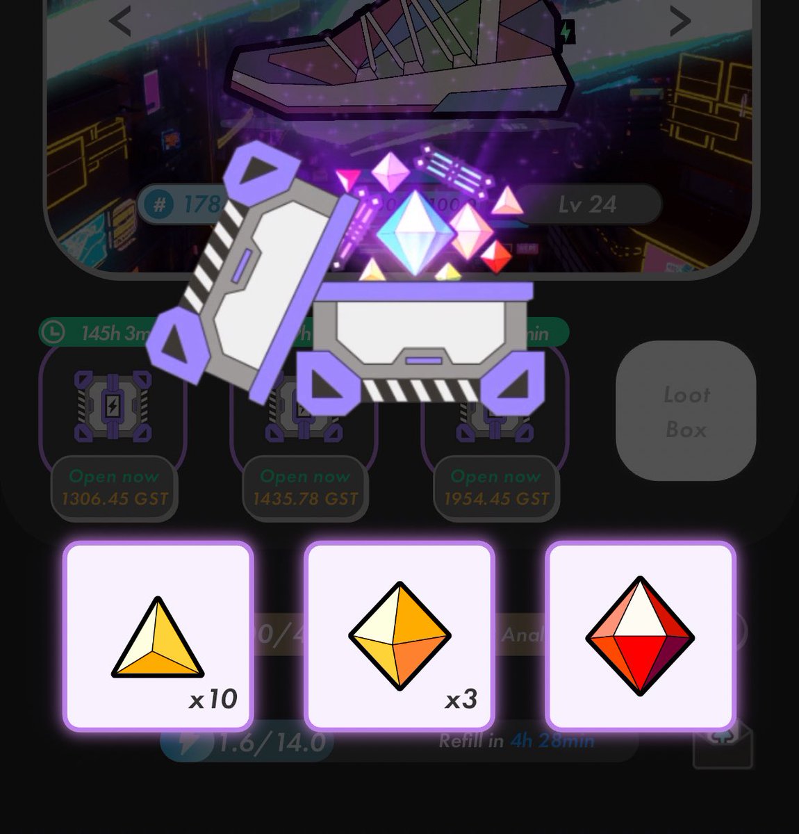 Lv7開封！

このシューズに履き替え4箱目の開封❗️
早くもLv3🔴💎出現🌈

Lv3の出現確率はどんなものか👀

#ステップン
#stepn 
#STEPNGO