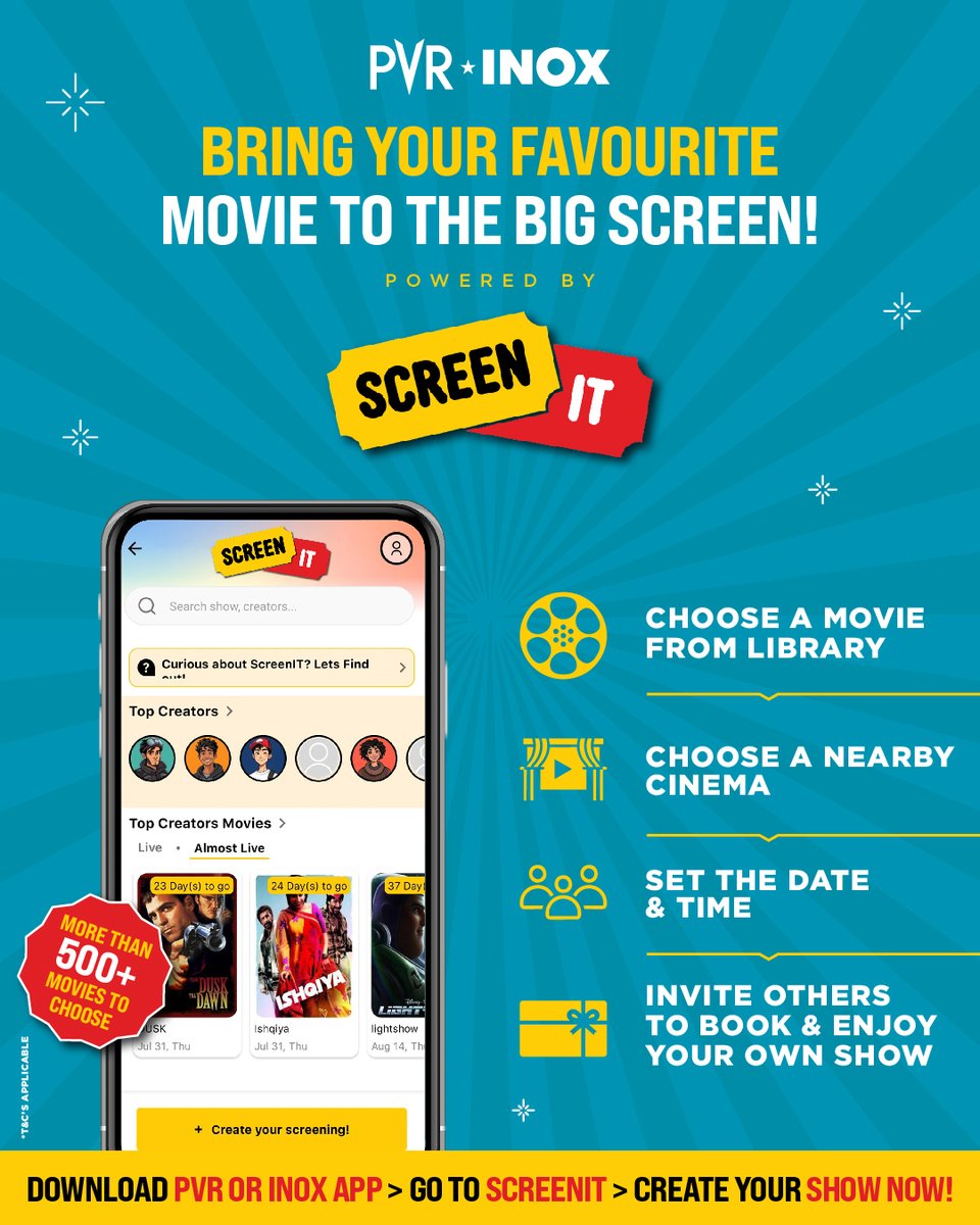 _PVRCinemas's tweet image. Why wait for the world to decide when you can be the showrunner of your own cinema night? 🎬
With #ScreenIT, you don’t just watch movies—you create the entire experience. Choose your film, set the timing that suits you, invite your gang, and make the big screen truly yours.…