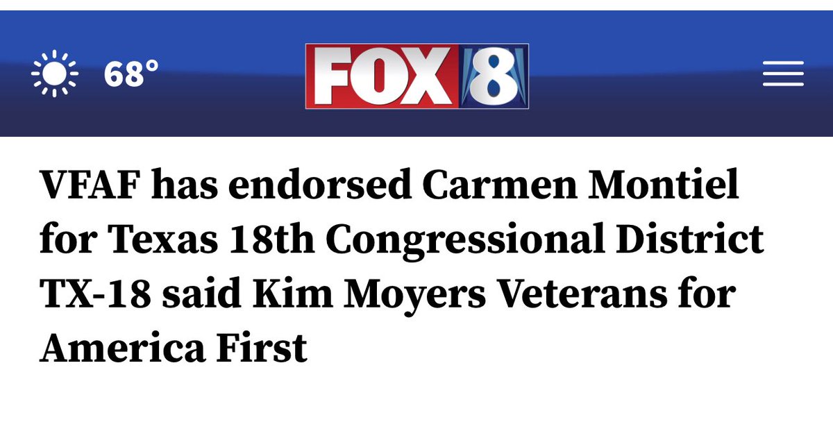 VFAF PRESS : fox8.com/business/press… 
The Associated Press , Numerous Fox, NBC, ABC, CBS outlets cover the endorsement of Carmen Montiel for Texas 18th congressional district by Veterans for America First