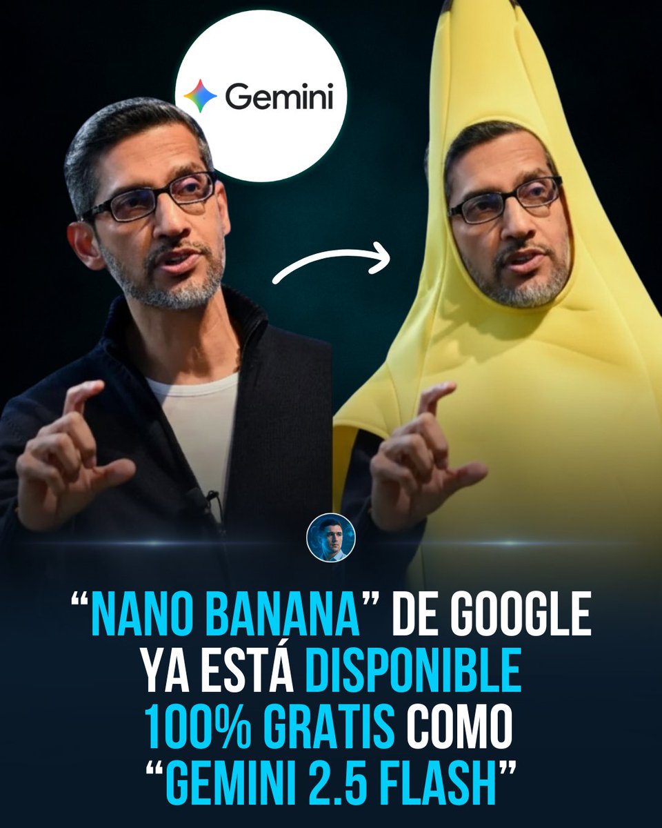 Sergiofabeidi's tweet photo. 🚨 Google acaba de lanzar Gemini 2.5 Flash (NanoBanana) GRATIS para todos. 🍌🤯
La herramienta que se filtró hace semanas ahora es oficial.

Te cuento por qué es un game-changer👇🧵 https://t.co/qNWb7yQHmC