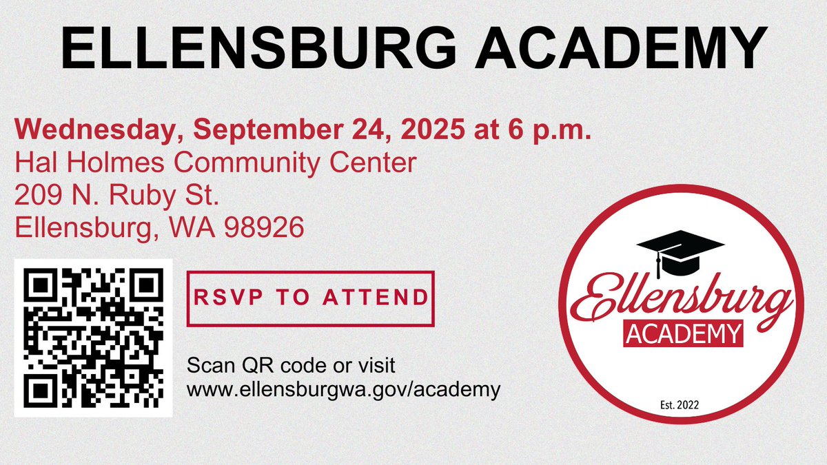 Join the next session of the Ellensburg Academy at 6 p.m. September 24 in the Hal Holmes Community Center, 209 N. Ruby St. Learn about economic development, Ellensburg history and historic preservation, and trees and weeds.

RSVP to attend: ellensburgwa.gov/academy