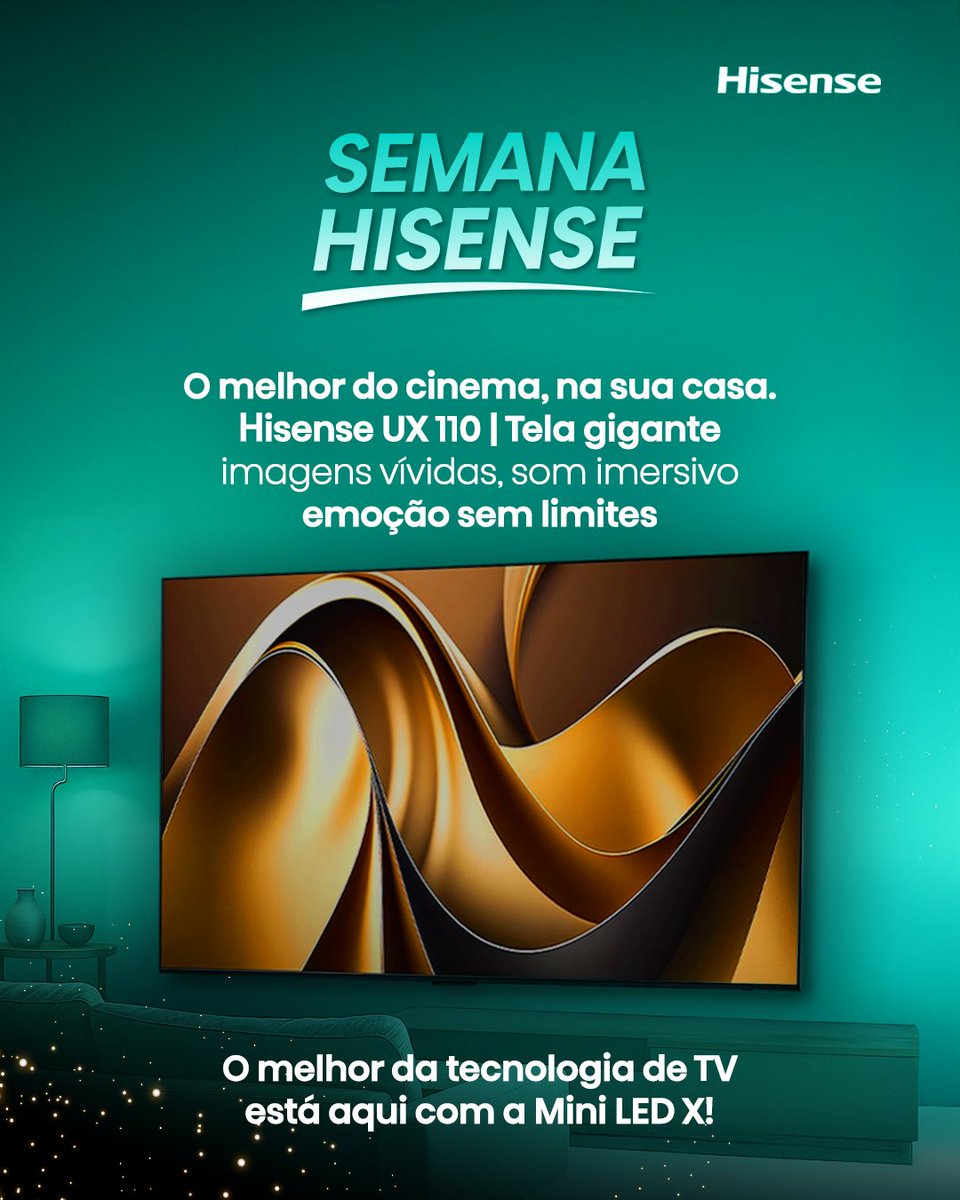 Imagine ter o melhor do cinema sem sair de casa.

A Hisense TV 110UX combina uma tela gigante de 110 polegadas, brilho espetacular de até 10.000 nits, tecnologia Mini LED X, painel de 144Hz e som 4.2.2 canais CineStage X Surround.

Acesse hisense.com.br