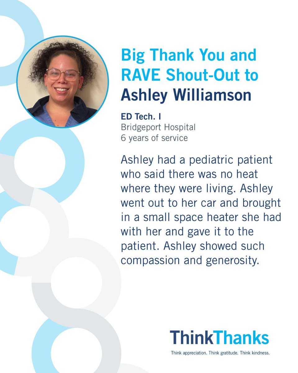 We're celebrating our employees with ThinkThanks, our systemwide campaign aimed at celebrating the incredible contributions of our amazing Yale New Haven Health team! The hard work and dedication of our staff make our communities thrive. Today's shoutout goes out to Ashley!
