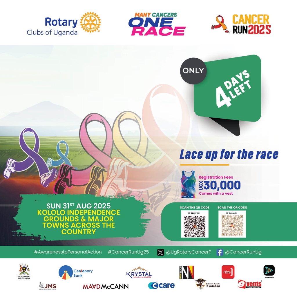 #CancerRunUg25 (@ugrotarycancerp) on Twitter photo With just 04 days left , Have you already secured your #CancerRunUg25  running kit yet? 
Grab yours in time using the registration link ⬇️ register.rotaryugandacancer.org 
#ManyCancersOneRun With just 04 days left , Have you already secured your #CancerRunUg25  running kit yet? 
Grab yours in time using the registration link ⬇️ register.rotaryugandacancer.org 
#ManyCancersOneRun