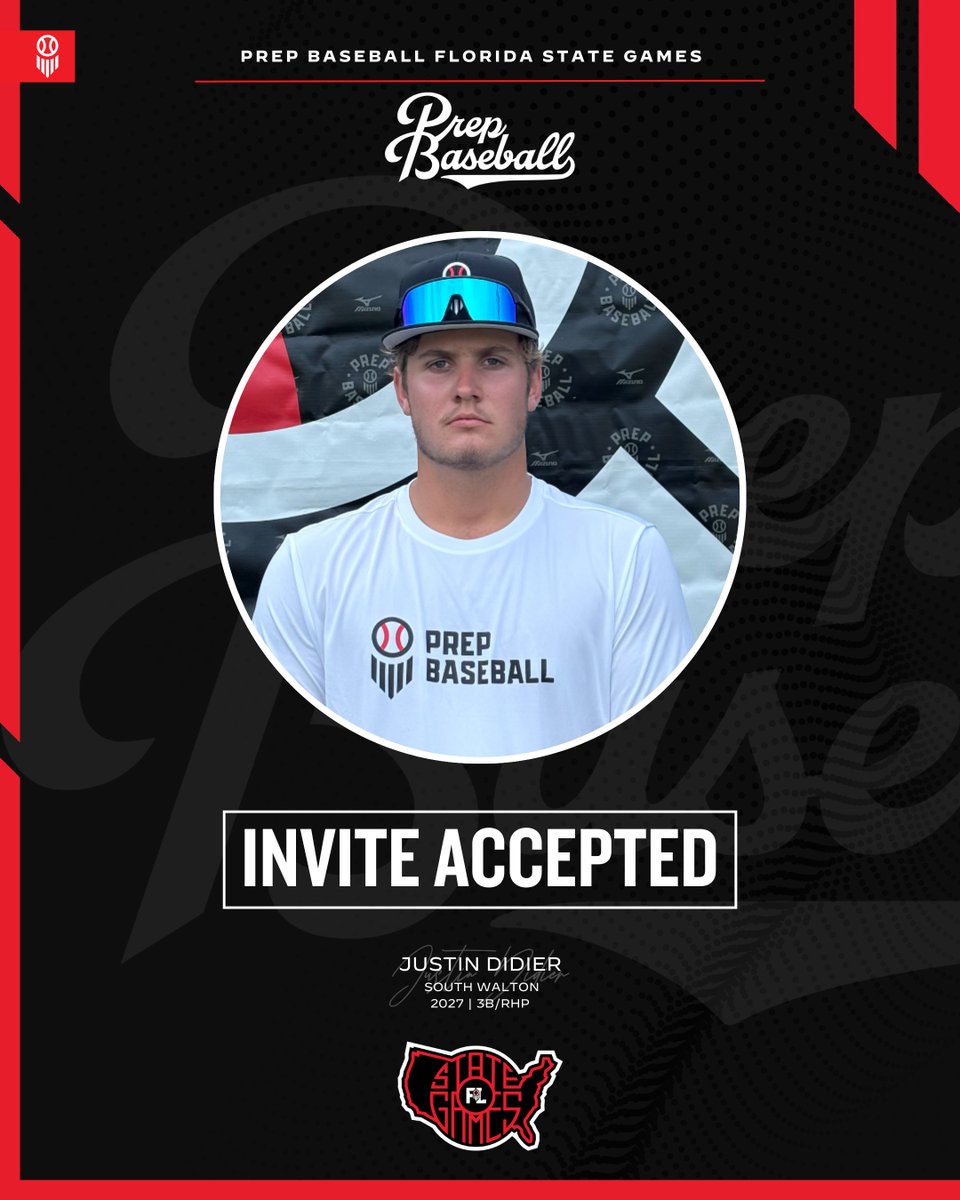 PrepBaseballFL's tweet photo. 𝐒𝐭𝐚𝐭𝐞 𝐆𝐚𝐦𝐞𝐬 𝐈𝐧𝐯𝐢𝐭𝐞 𝐀𝐜𝐜𝐞𝐩𝐭𝐞𝐝 ✅

‘27 3B/RHP @JustinDidier24 (South Walton) is #𝙇𝙤𝙘𝙠𝙚𝙙𝙄𝙣 for the Florida State Games, September 13-14 at IMG Academy.

Request Invite 👇

🔗: https://t.co/ijicSGeRls https://t.co/dRPIByYzBd